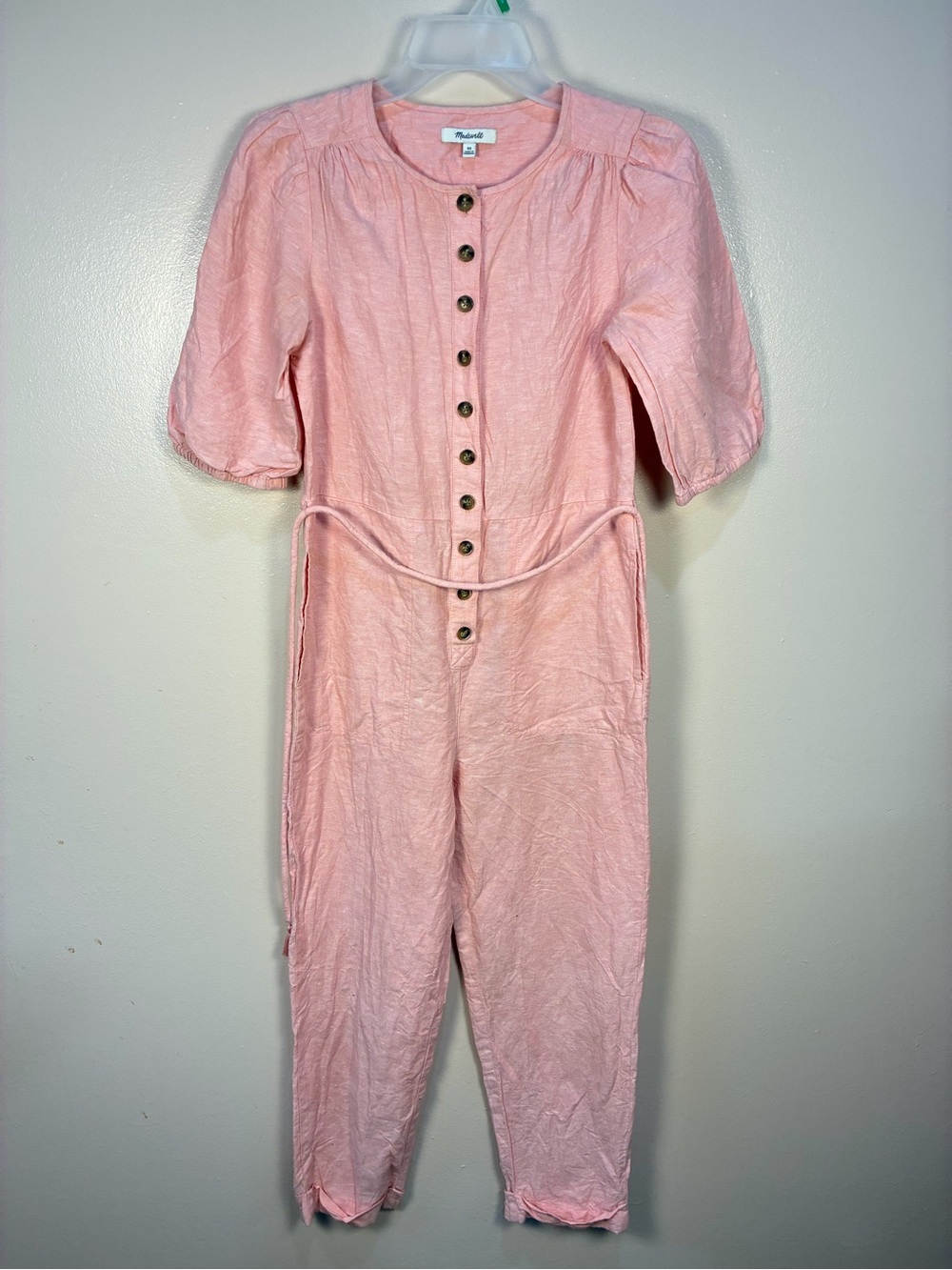 Madewell Linen Pastel Pink Puff Sleeve Jumpsuit - Picture 9 of 14
